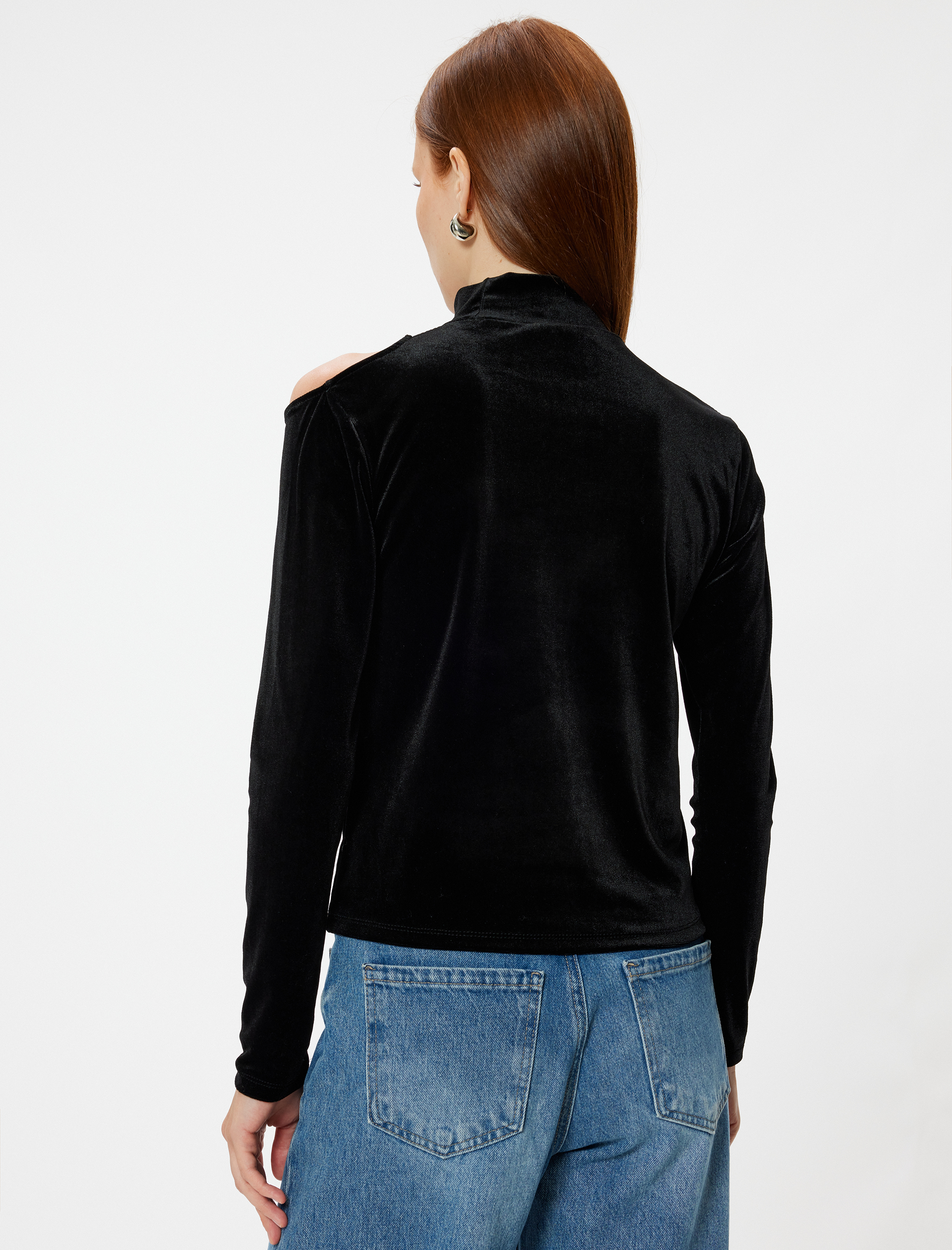   Kadife Tişört Dik Yaka Pencere Detaylı Uzun Kollu