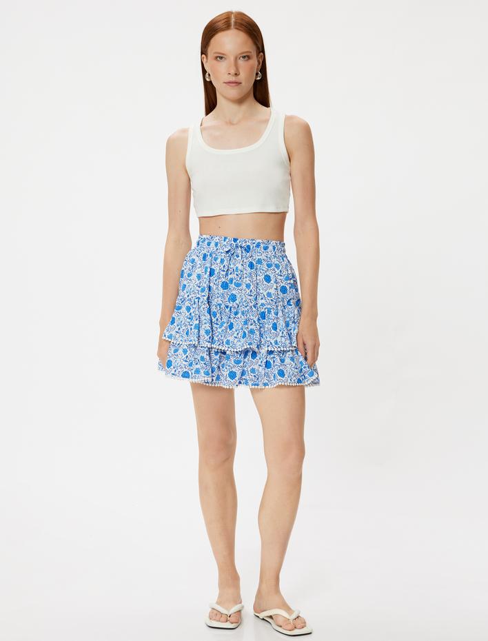  Fırfırlı Çiçekli Mini Etek Katlı Beli Bağlamalı