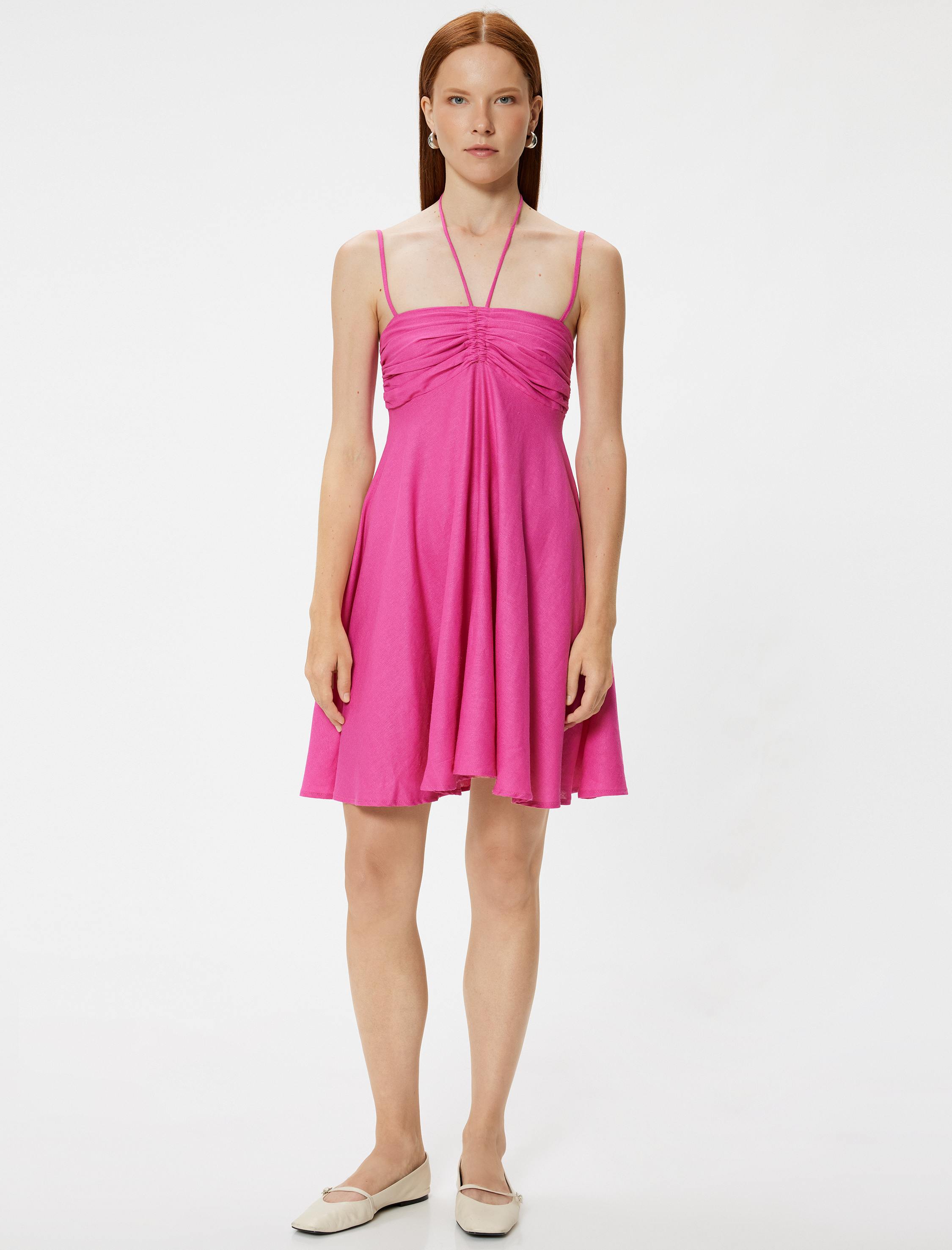   Mini Askılı Elbise Drapeli Boyundan Bağlama Detaylı