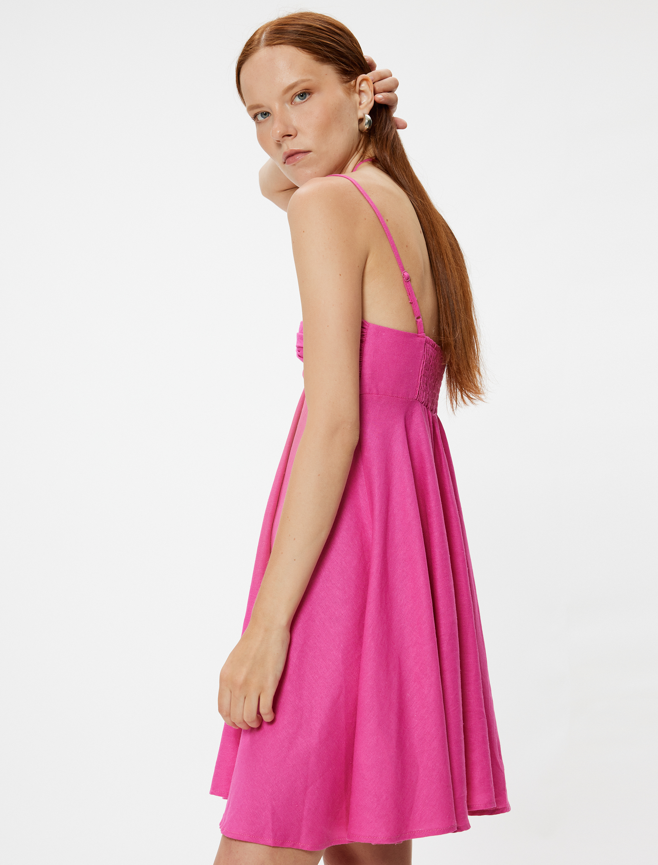   Mini Askılı Elbise Drapeli Boyundan Bağlama Detaylı