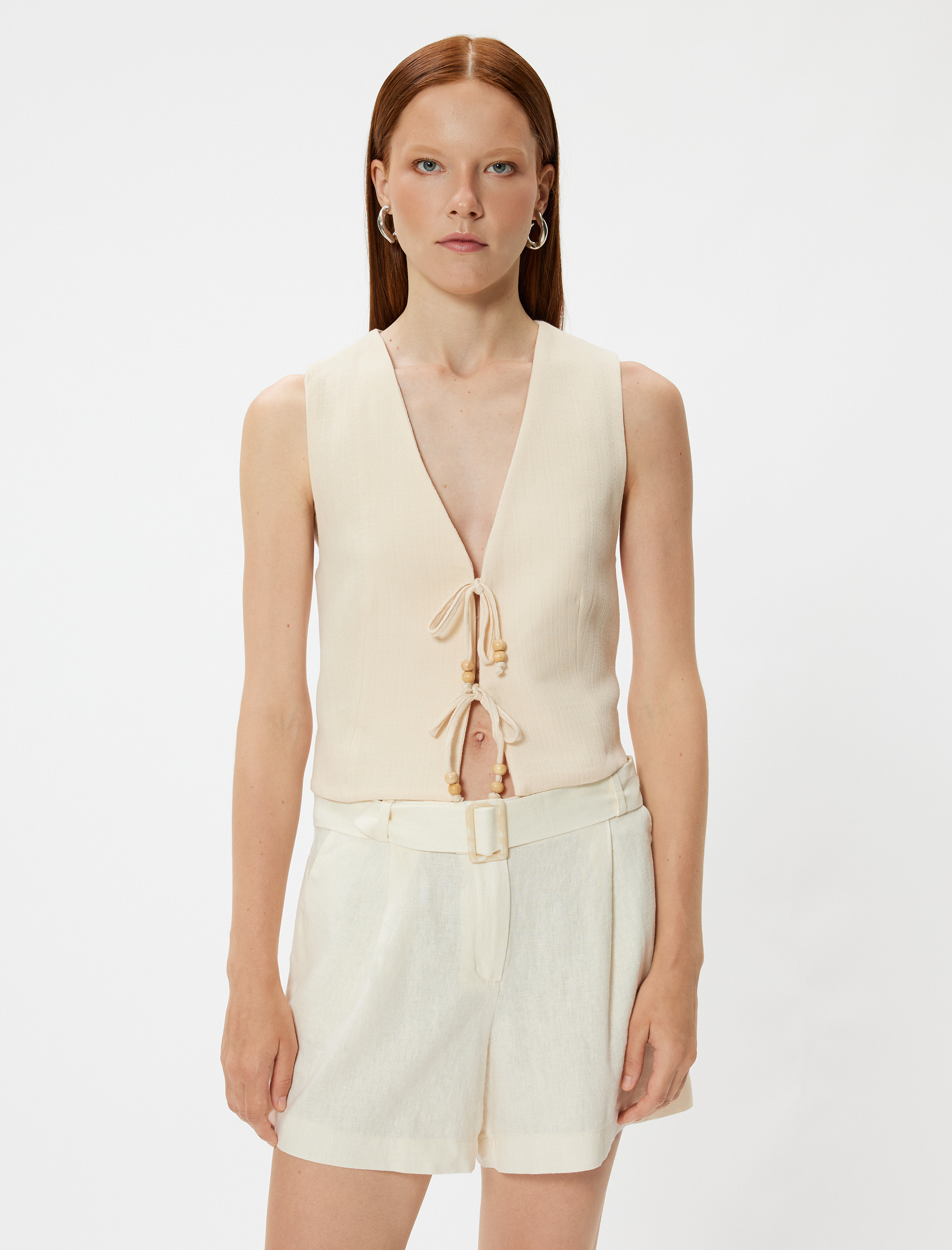   Önden Bağlama Detaylı Yelek Crop V Yaka