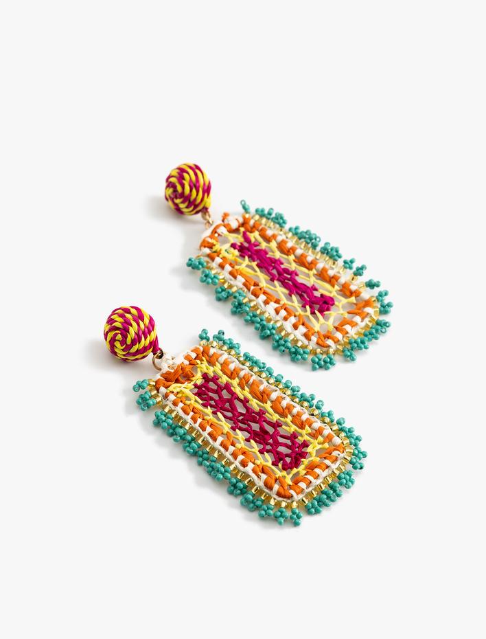 Kadın Hasır Küpe Sallantılı Boncuk Detaylı Çok Renkli