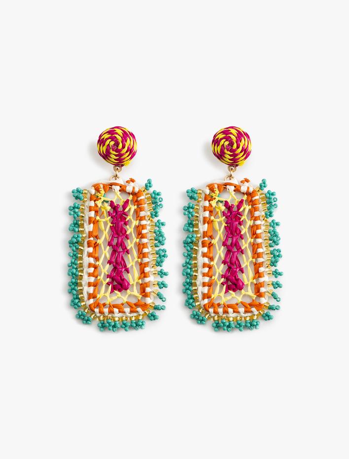 Kadın Hasır Küpe Sallantılı Boncuk Detaylı Çok Renkli