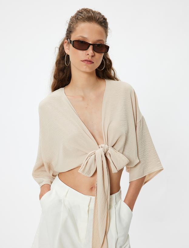 Crop Üst V Yaka Bağlama Detaylı Oversize Kimono Kol_0