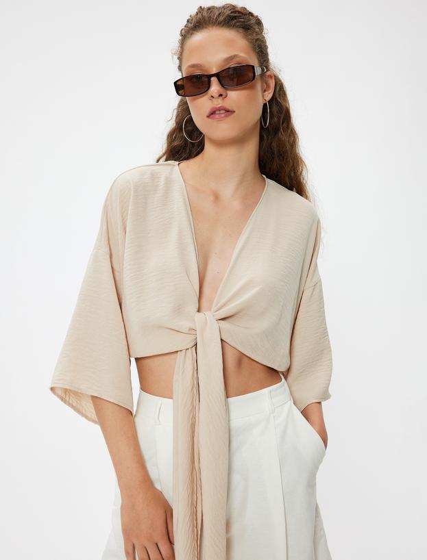 Crop Üst V Yaka Bağlama Detaylı Oversize Kimono Kol_2