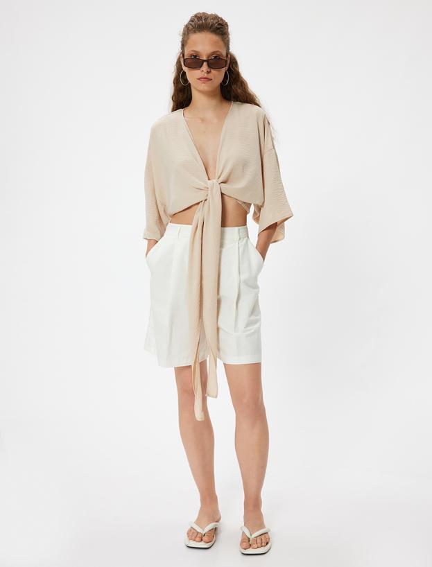 Crop Üst V Yaka Bağlama Detaylı Oversize Kimono Kol_1