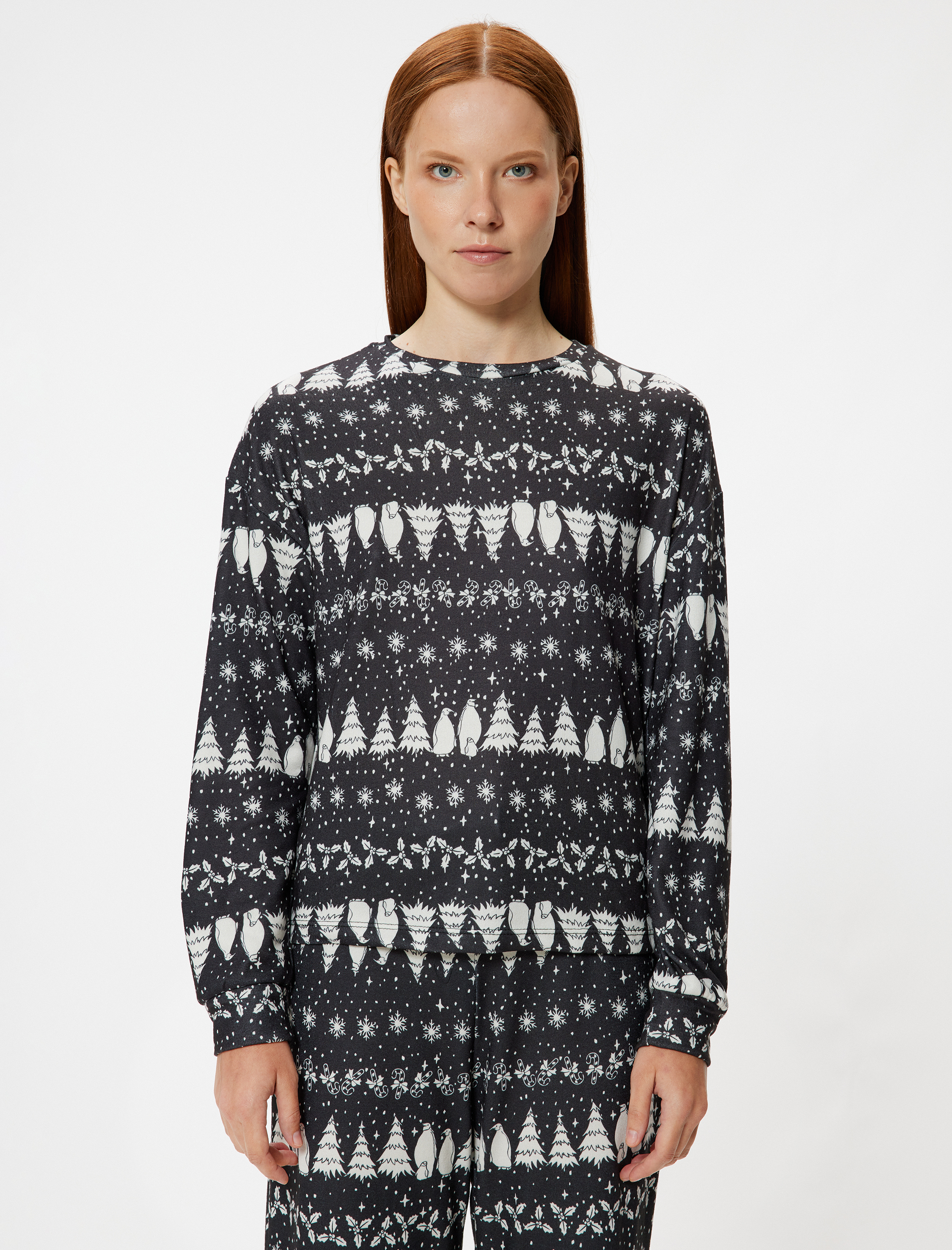 Baskılı Uzun Kollu Bisiklet Yaka Yılbaşı Temalı Pijama Üstü