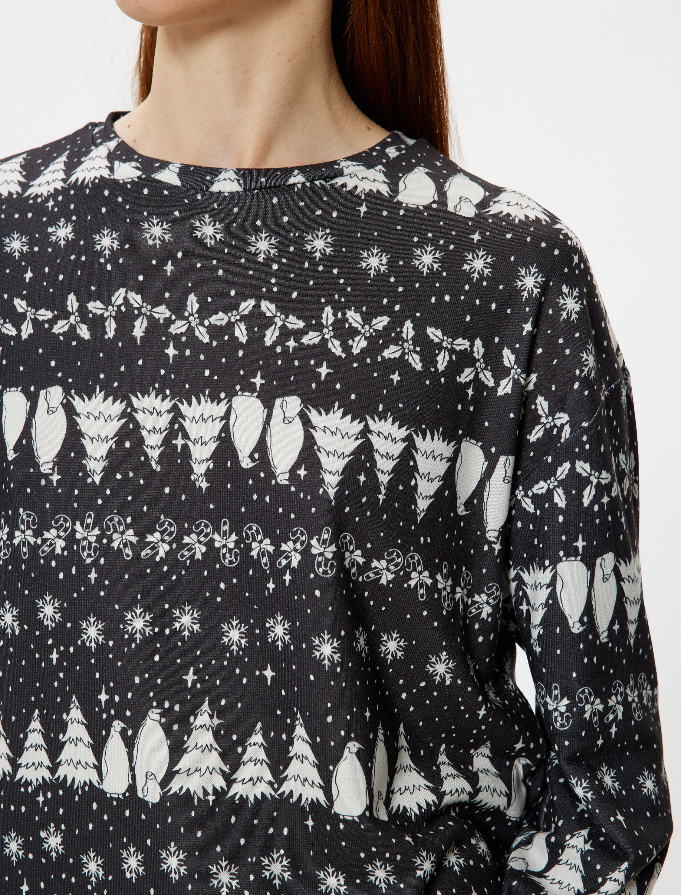 Baskılı Uzun Kollu Bisiklet Yaka Yılbaşı Temalı Pijama Üstü