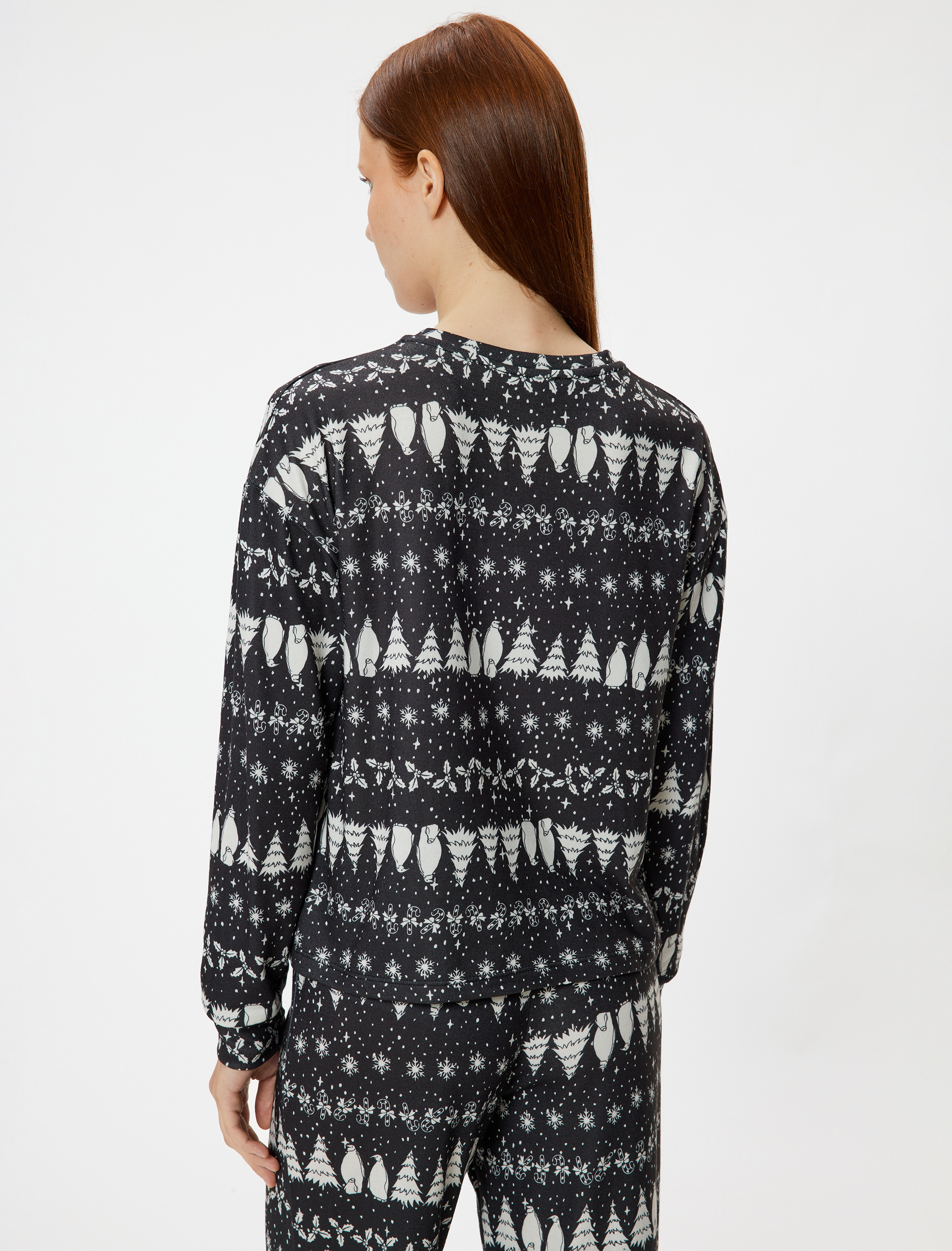 Baskılı Uzun Kollu Bisiklet Yaka Yılbaşı Temalı Pijama Üstü