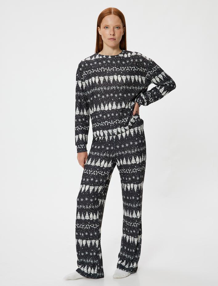  Düz Bol Paça Rahat Kalıp Yılbaşı Temalı Pijama Altı