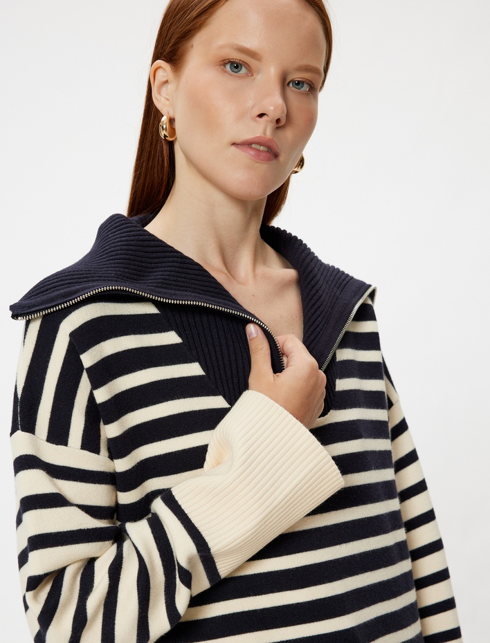  Fermuarlı Oversize Triko Kaza Dik Yaka Yumuşak Dokulu