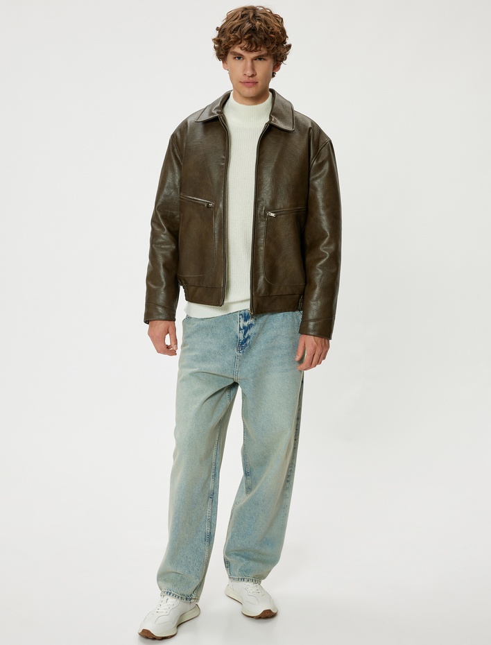  Suni Deri Ceket Slim Fit Gömlek Yaka Pamuk Karışımlı