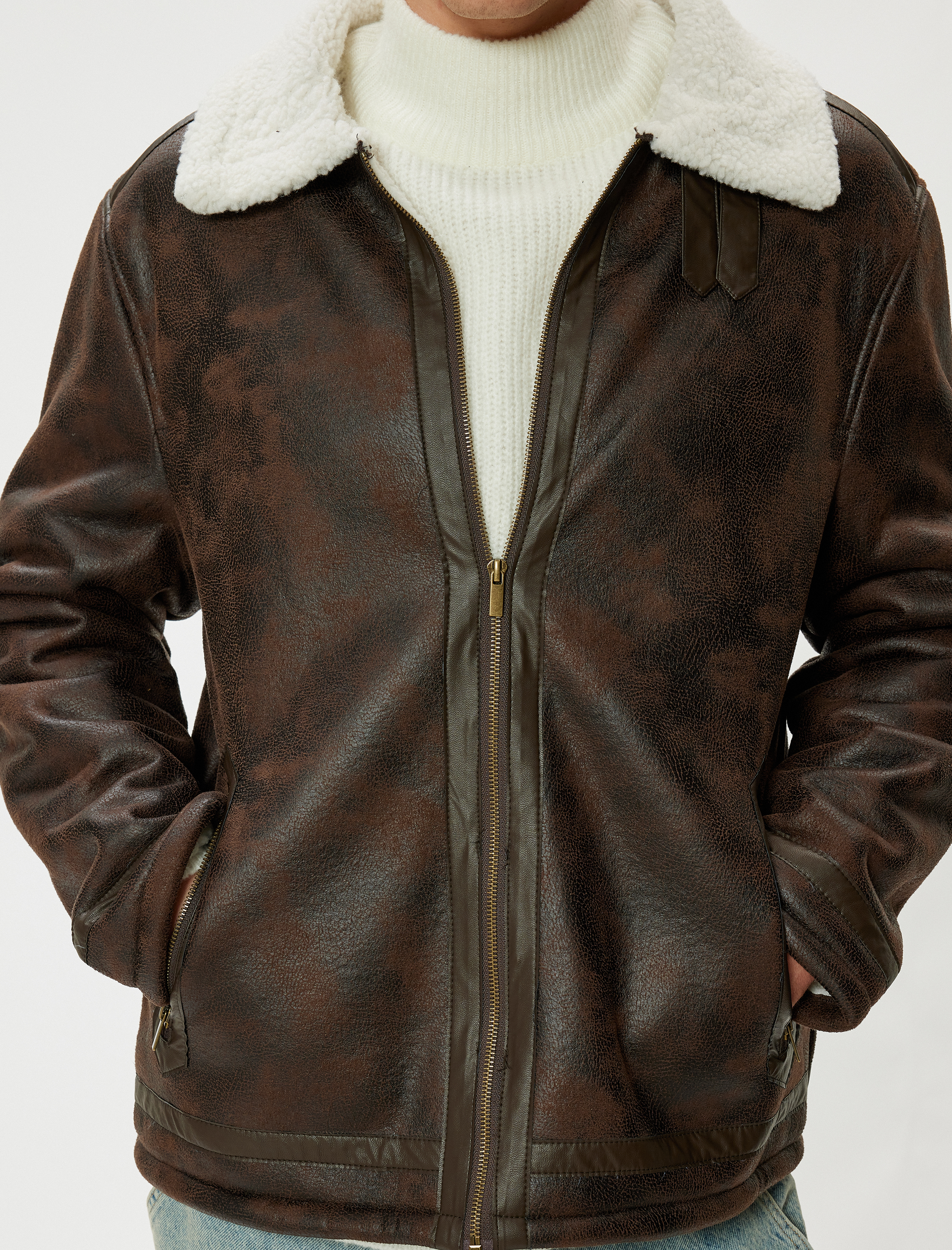   Slim Fit Peluş Yaka Fermuarlı Suni Deri Ceket