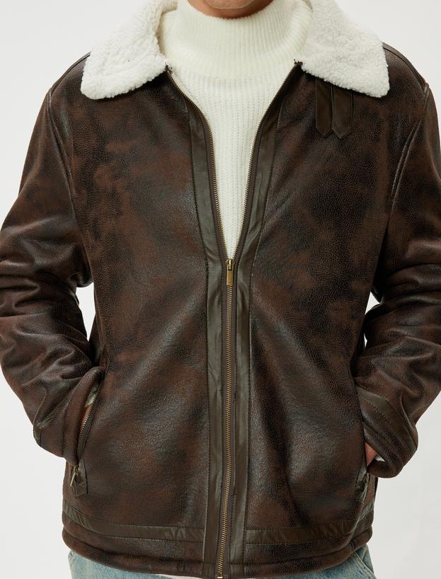 Slim Fit Peluş Yaka Fermuarlı Suni Deri Ceket_4