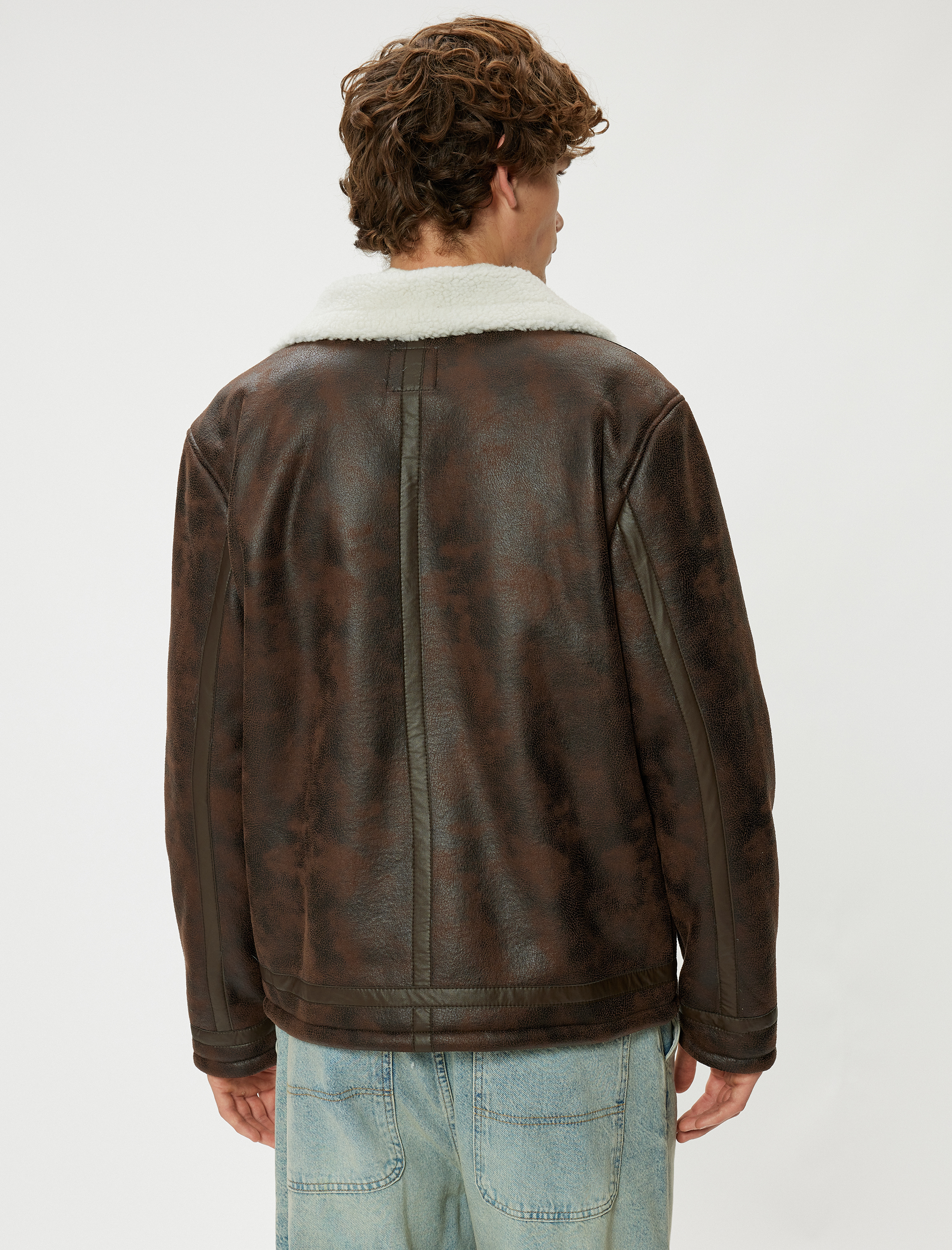   Slim Fit Peluş Yaka Fermuarlı Suni Deri Ceket