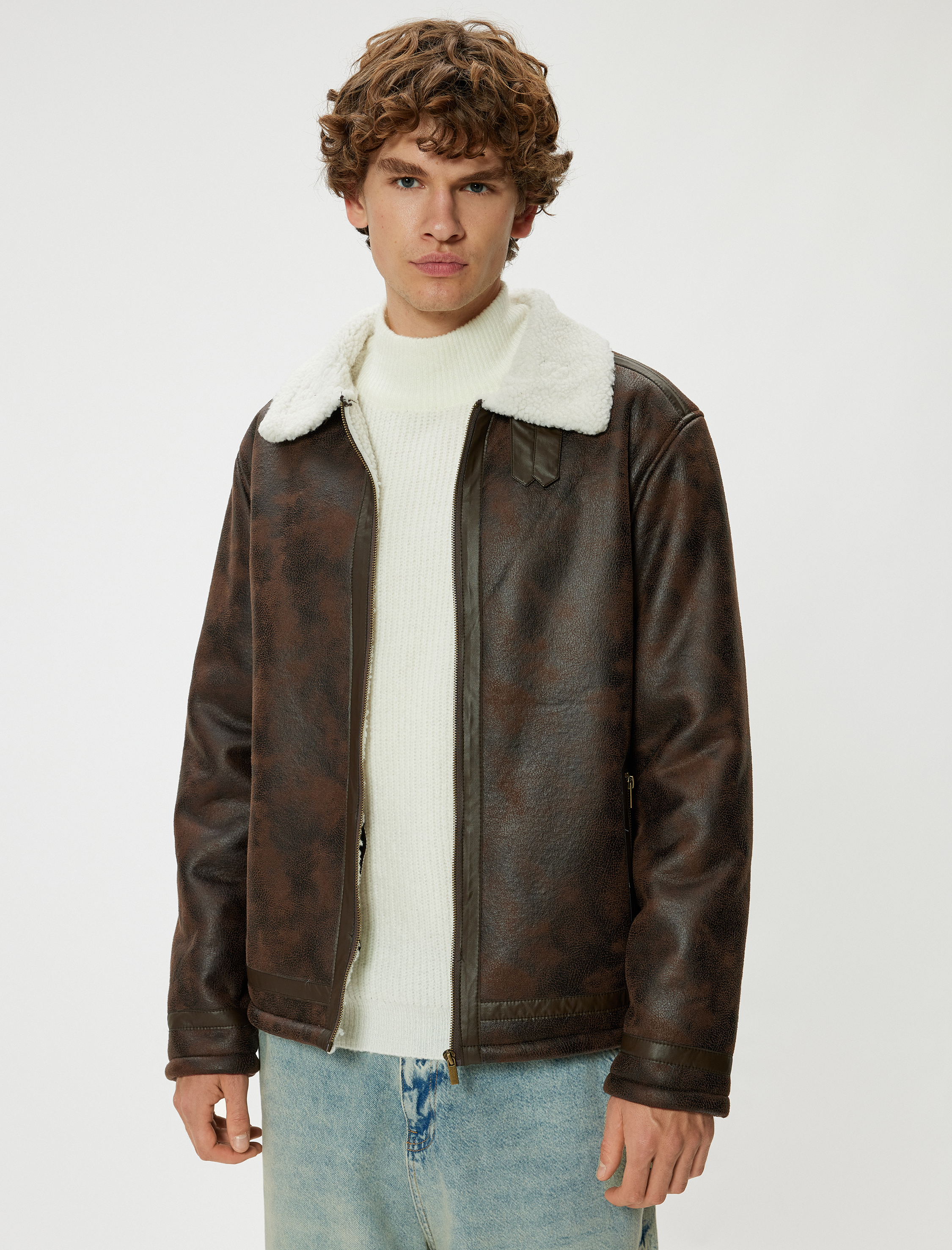   Slim Fit Peluş Yaka Fermuarlı Suni Deri Ceket