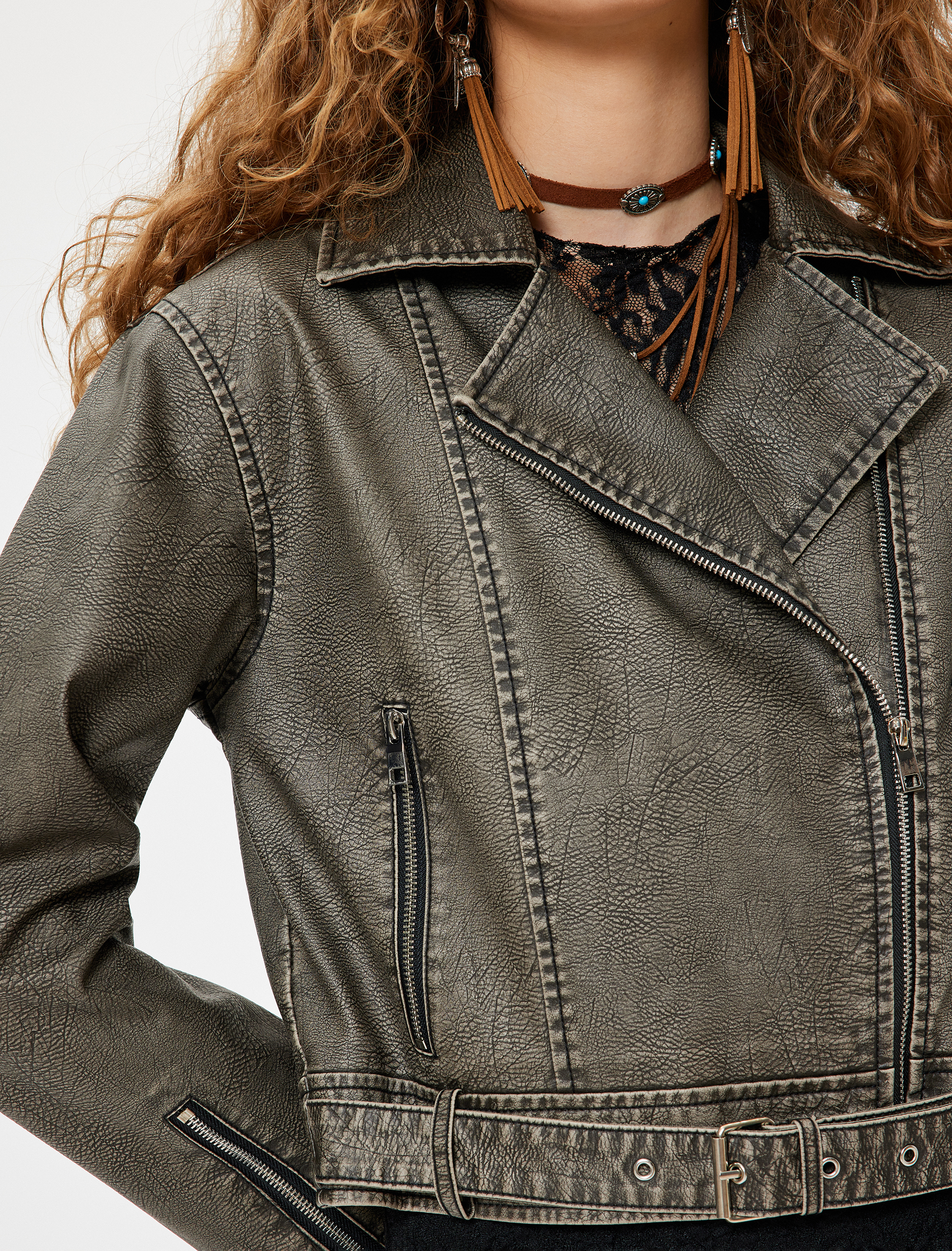   Suni Deri Biker Ceket Eskitilmiş Fermuarlı Cepli Kemer Detaylı