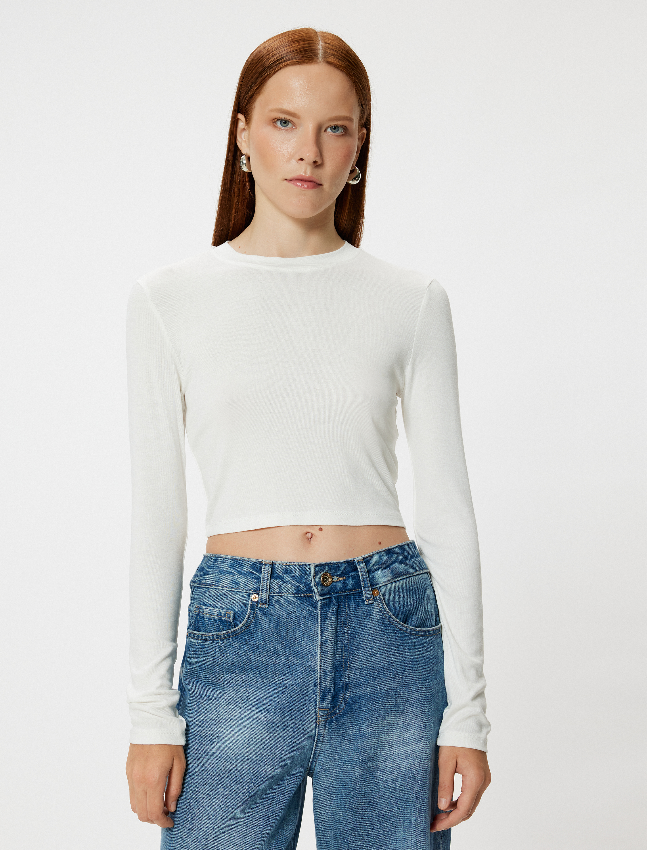   Uzun Kollu Crop Basic Body Yuvarlak Yaka Viskon Kumaş