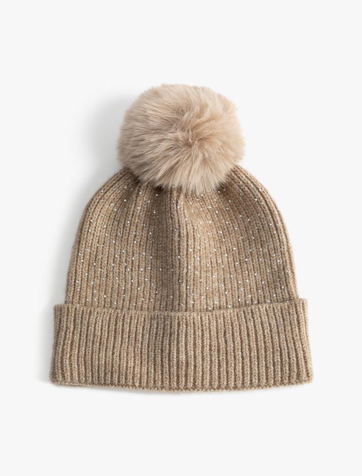 Kadın Örgü Bere Pon Ponlu Taş Detaylı Katlamalı