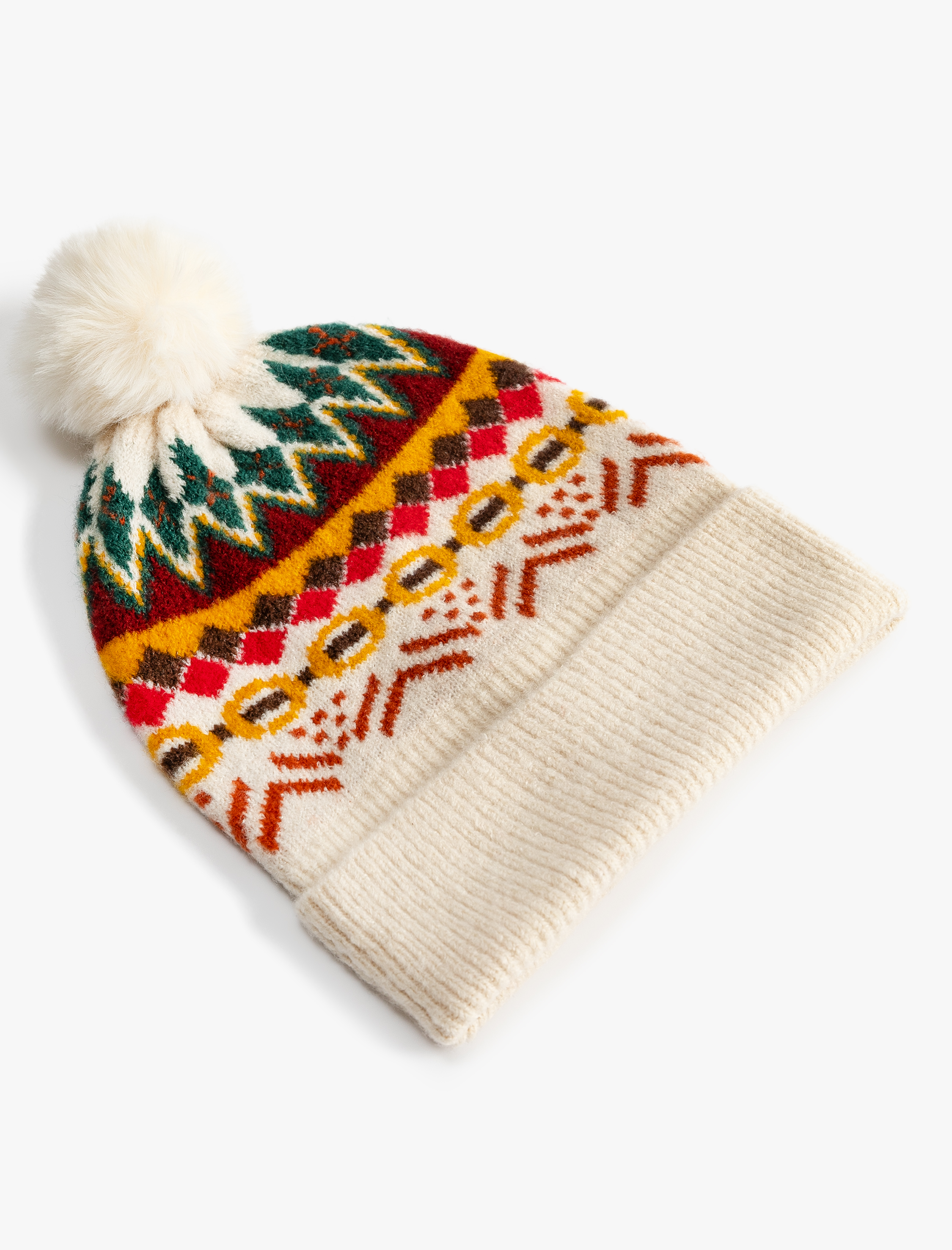  Kadın Örgü Bere Pon Pon Detaylı Etnik Desenli Katlamalı