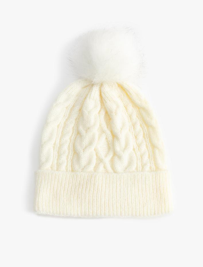 Kadın Örgü Bere Pon Ponlu Dokulu Katlamalı