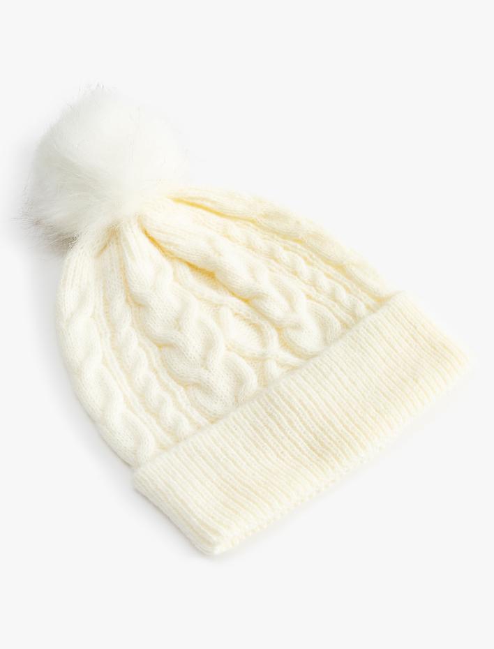 Kadın Örgü Bere Pon Ponlu Dokulu Katlamalı