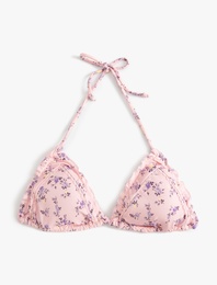Fırfırlı Çiçekli Üçgen Bikini Üstü İnce İpli Pedli