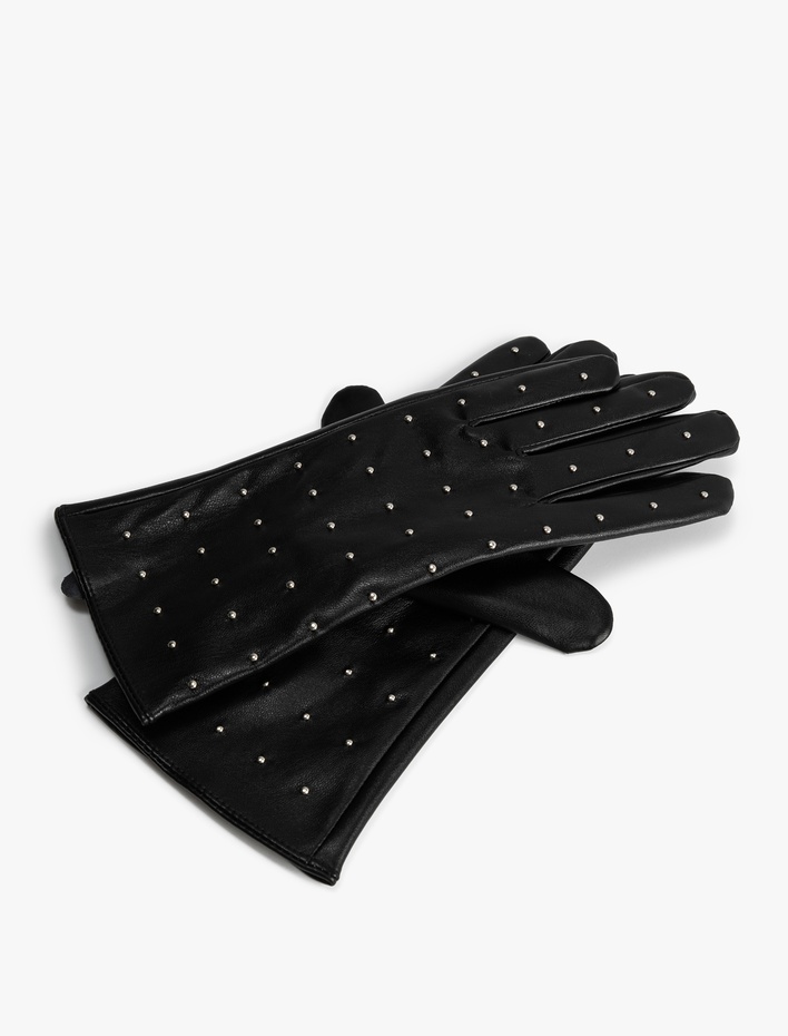Kadın Eldiven Suni Deri Taş Detaylı