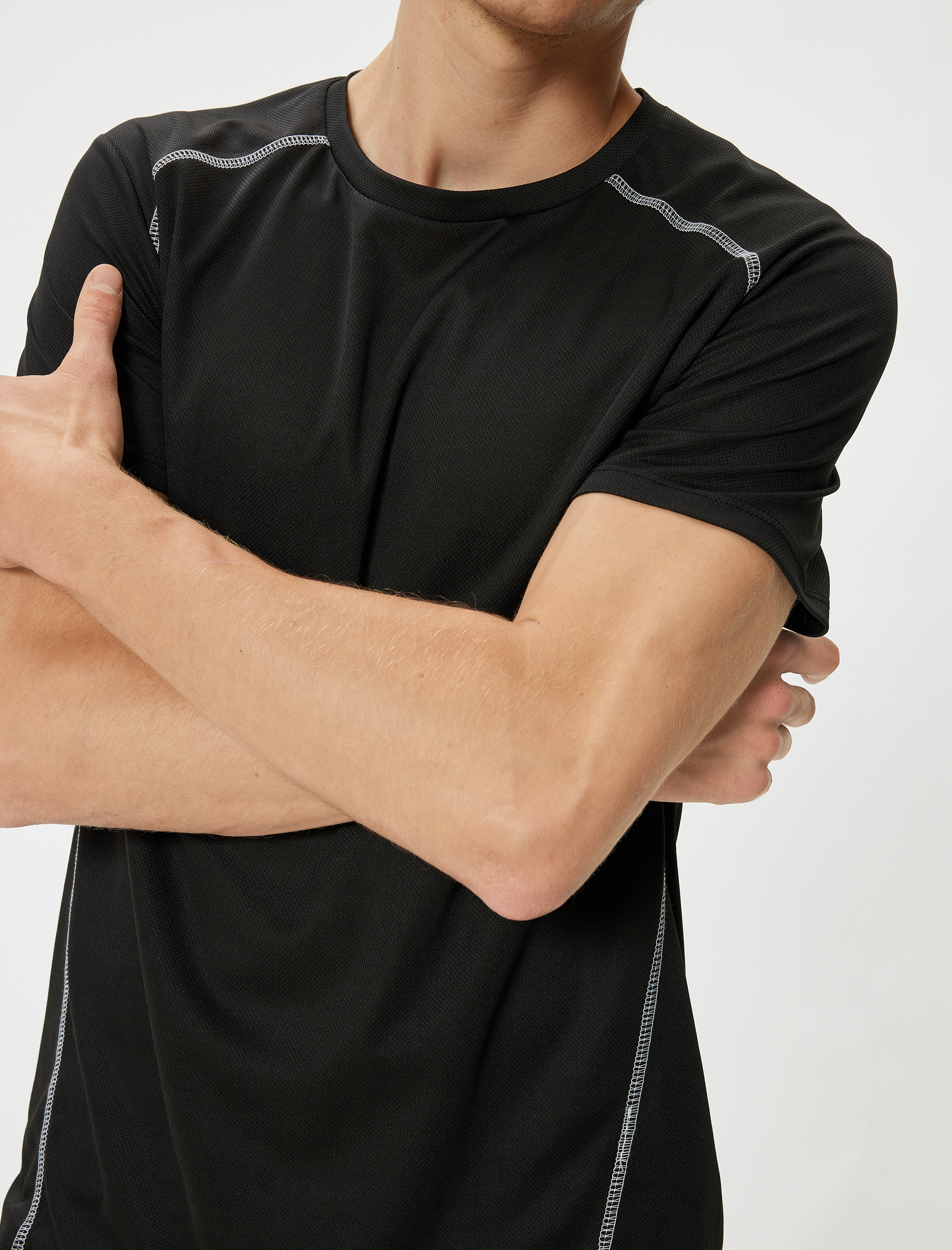   Spor Tişört Bisiklet Yaka Kısa Kollu Dikiş Detaylı