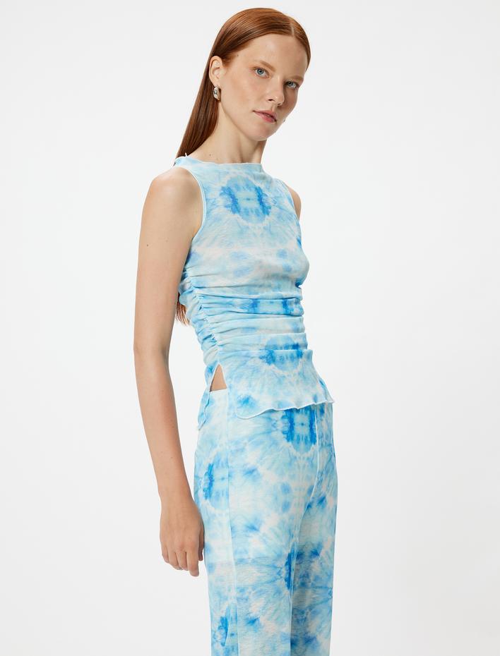  Yarı Transparan Kolsuz Tişört Batik Desenli Slim Fit