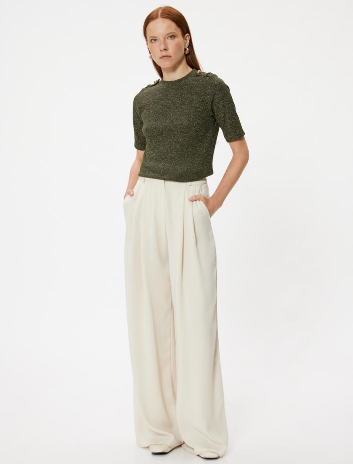  Apolet Detaylı Slim Fit Bisiklet Yaka Kısa Kollu Triko Kazak