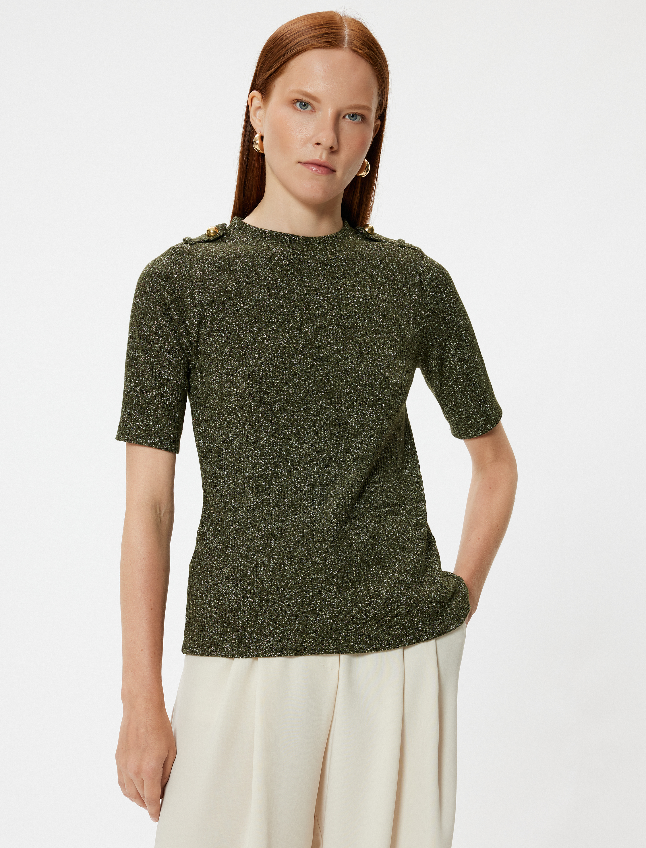   Apolet Detaylı Slim Fit Bisiklet Yaka Kısa Kollu Triko Kazak