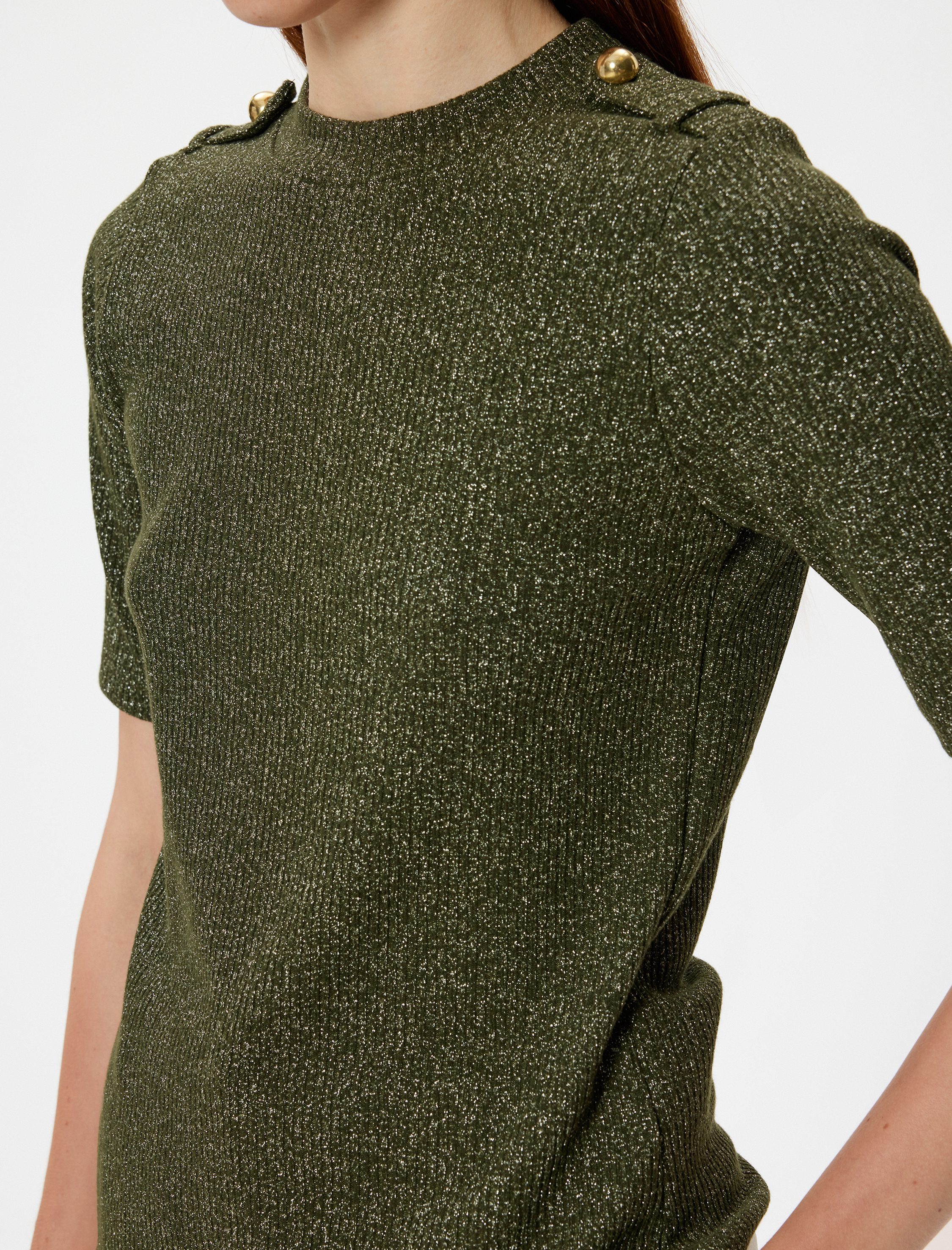   Apolet Detaylı Slim Fit Bisiklet Yaka Kısa Kollu Triko Kazak