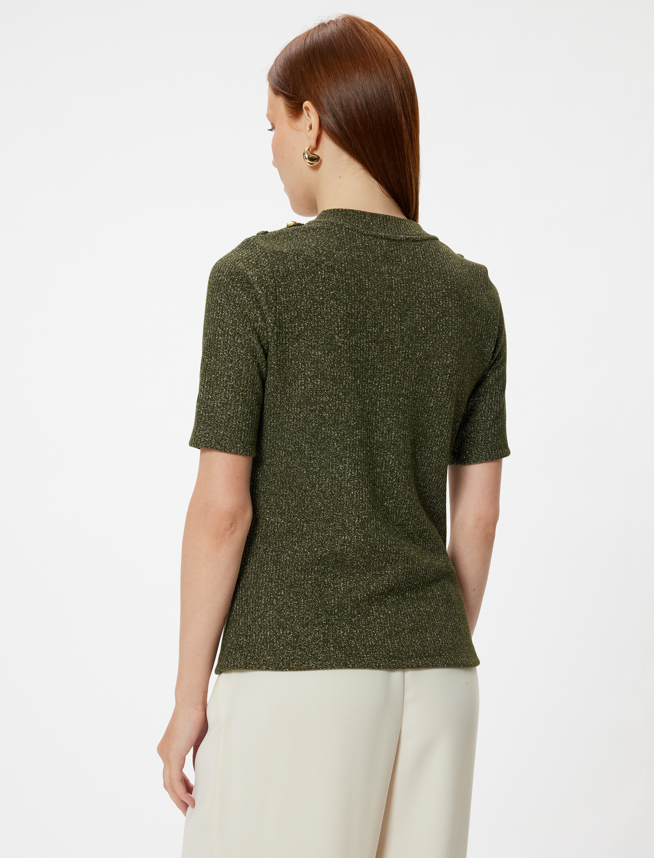   Apolet Detaylı Slim Fit Bisiklet Yaka Kısa Kollu Triko Kazak