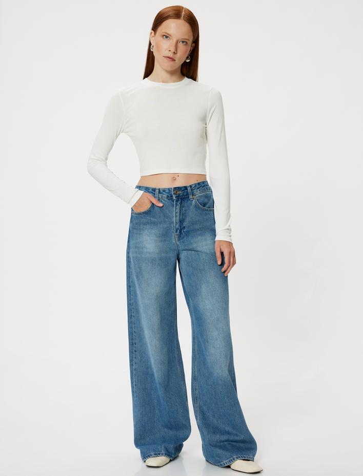  Uzun Kollu Crop Basic Body Yuvarlak Yaka Viskon Kumaş