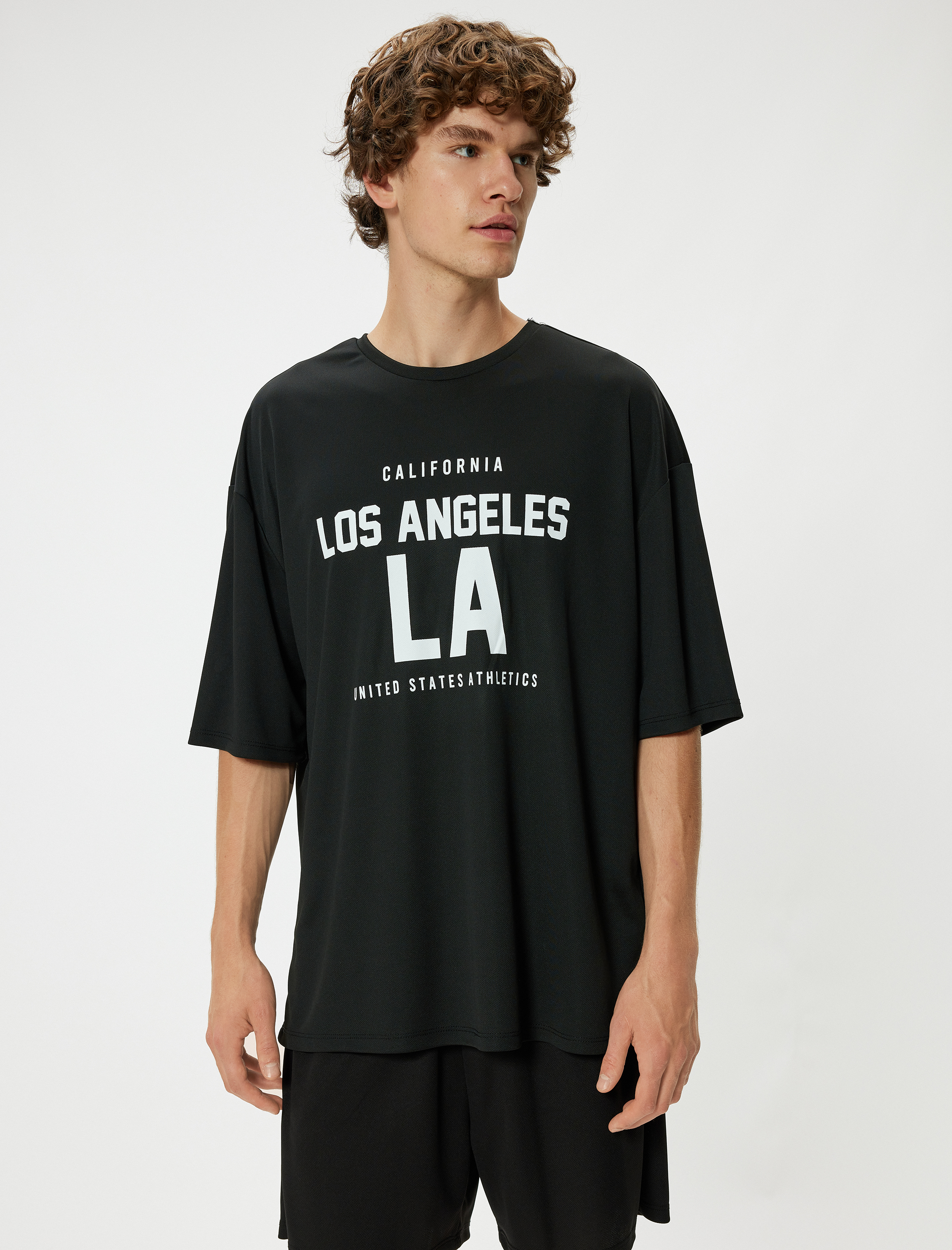   Spor Tişört Oversize Slogan Baskılı Kısa Kollu Bisiklet Yaka