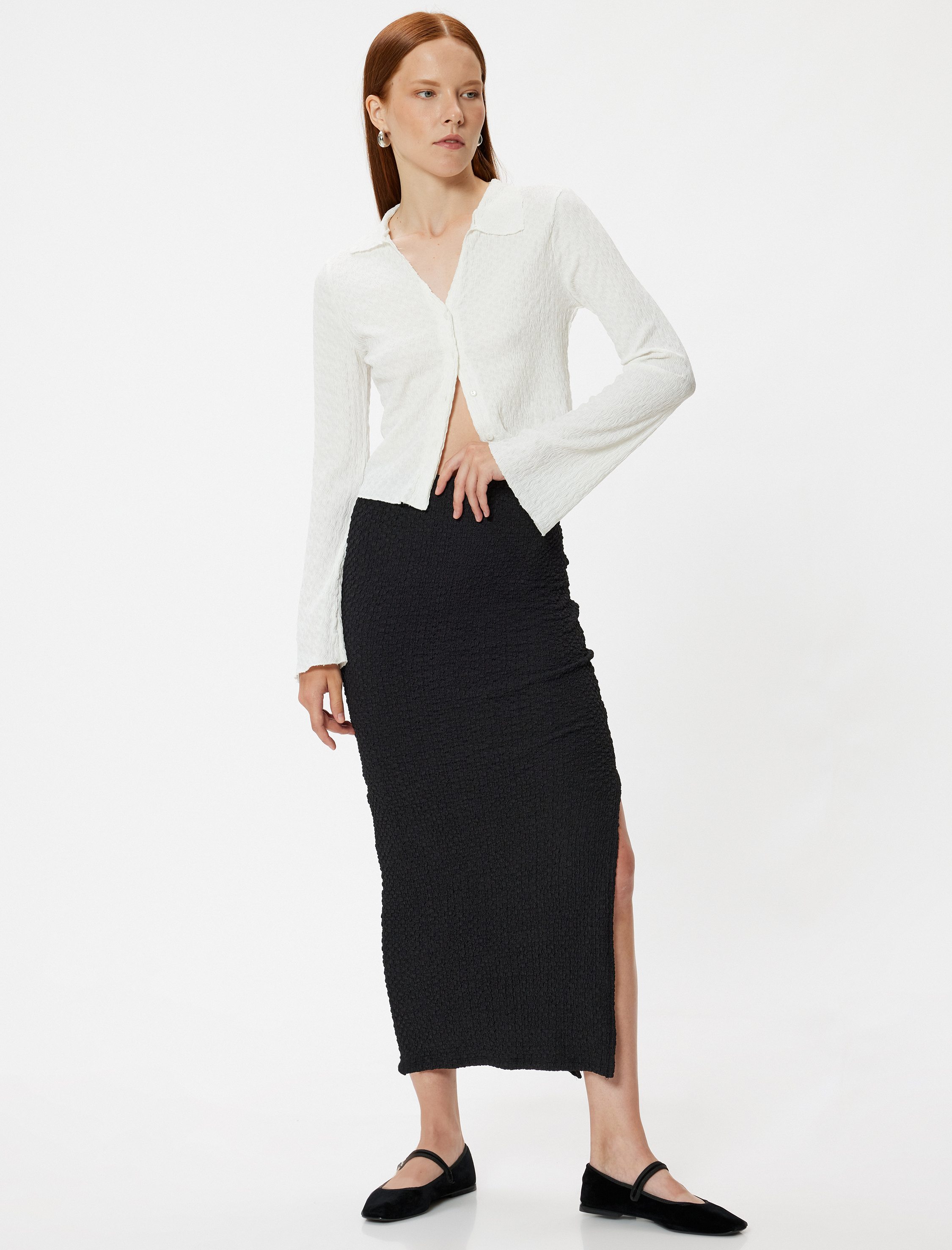 Slim Fit Yırtmaç Detaylı Dokulu Midi Boy Kalem Etek