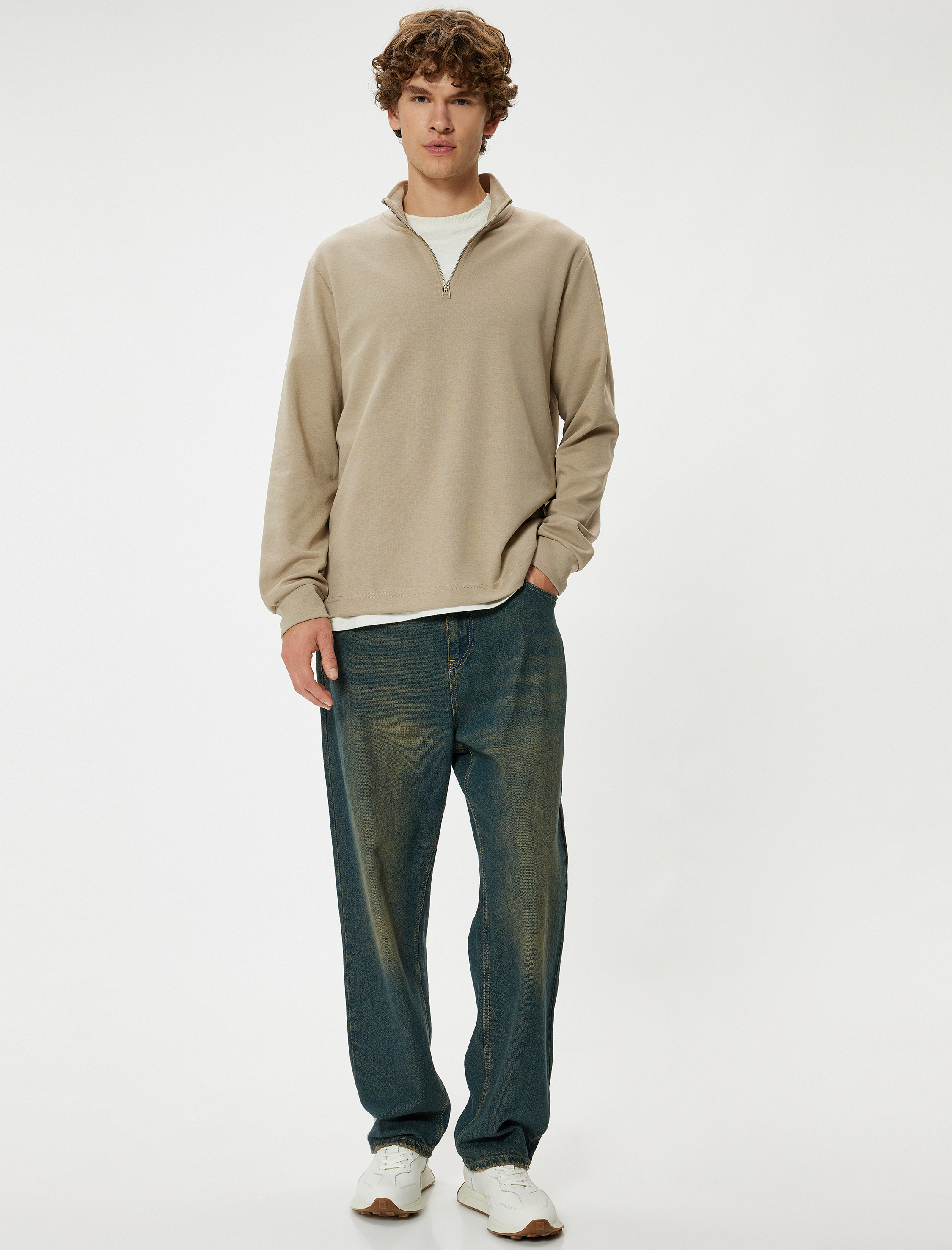   Basic Pamuklu Yarım Fermuarlı Sweatshirt