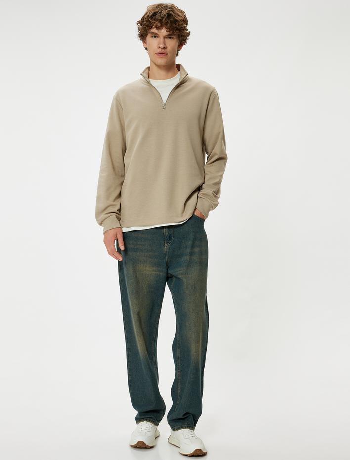  Basic Pamuklu Yarım Fermuarlı Sweatshirt