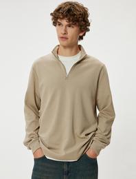 Basic Sweatshirt Yarım Fermuarlı Uzun Kollu Pamuklu