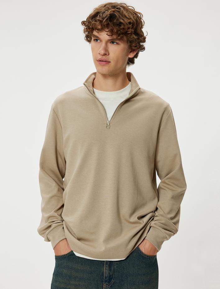  Basic Sweatshirt Yarım Fermuarlı Uzun Kollu Pamuklu