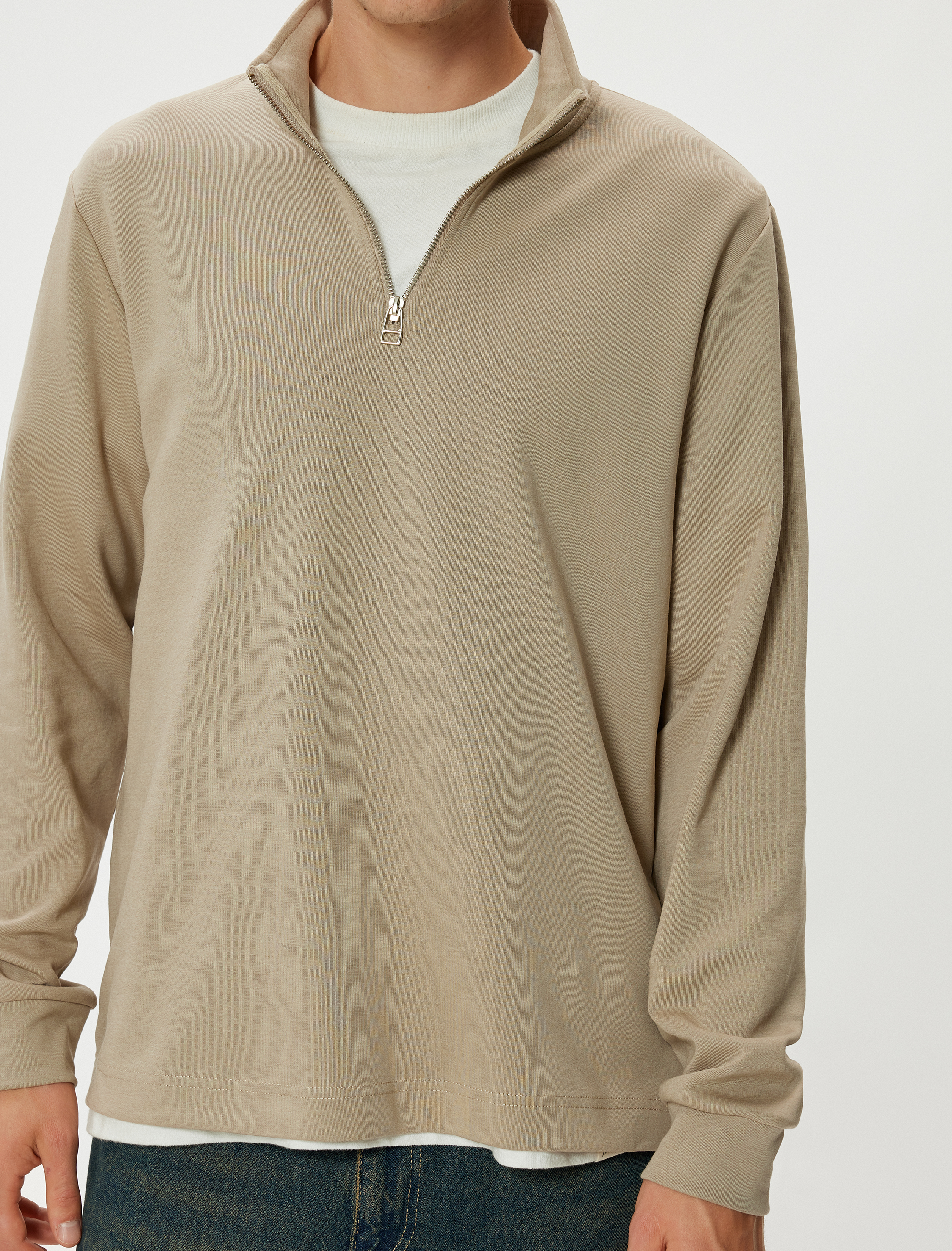   Basic Pamuklu Yarım Fermuarlı Sweatshirt