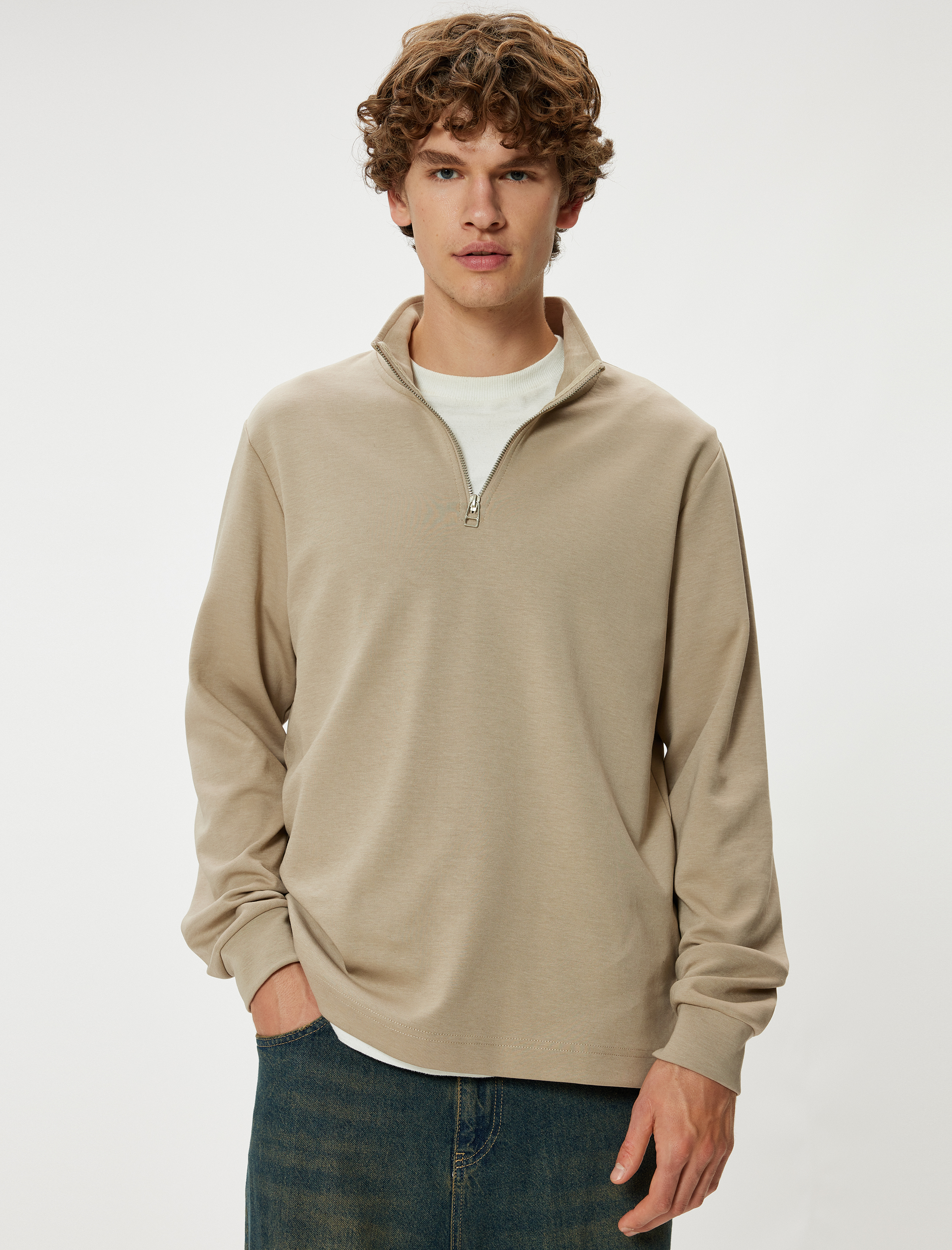   Basic Pamuklu Yarım Fermuarlı Sweatshirt