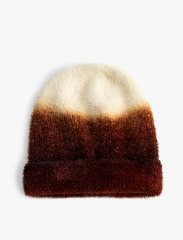 Kadın Örgü Bere Renk Bloklu Yumuşak Dokulu Katlama Detaylı