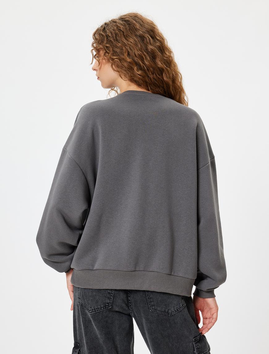   Oversize Sweatshirt Kelebek Baskılı Bisiklet Yaka Şardonlu