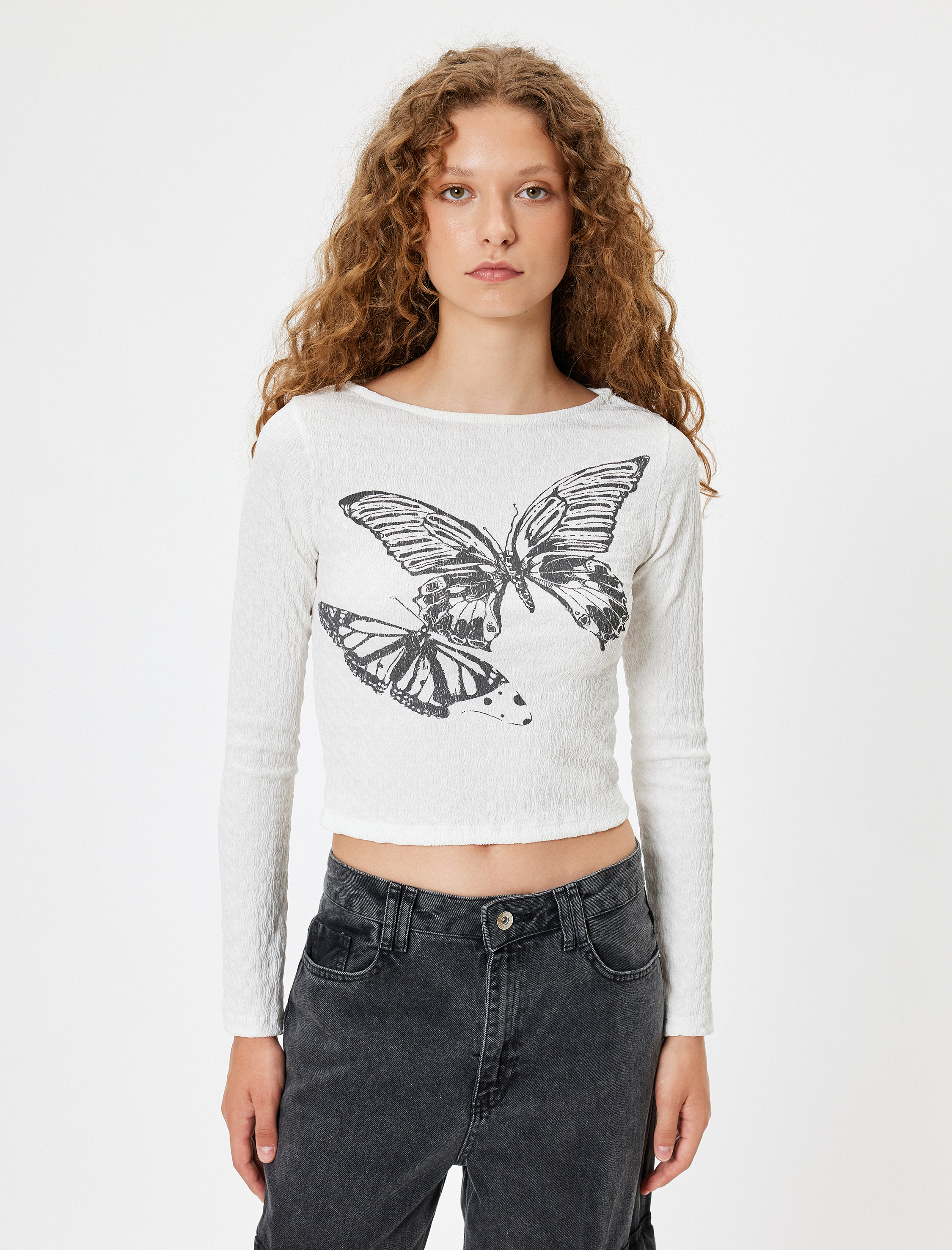   Uzun Kollu Kelebek Baskılı Bisiklet Yaka Slim Fit Tişört Bürümcük