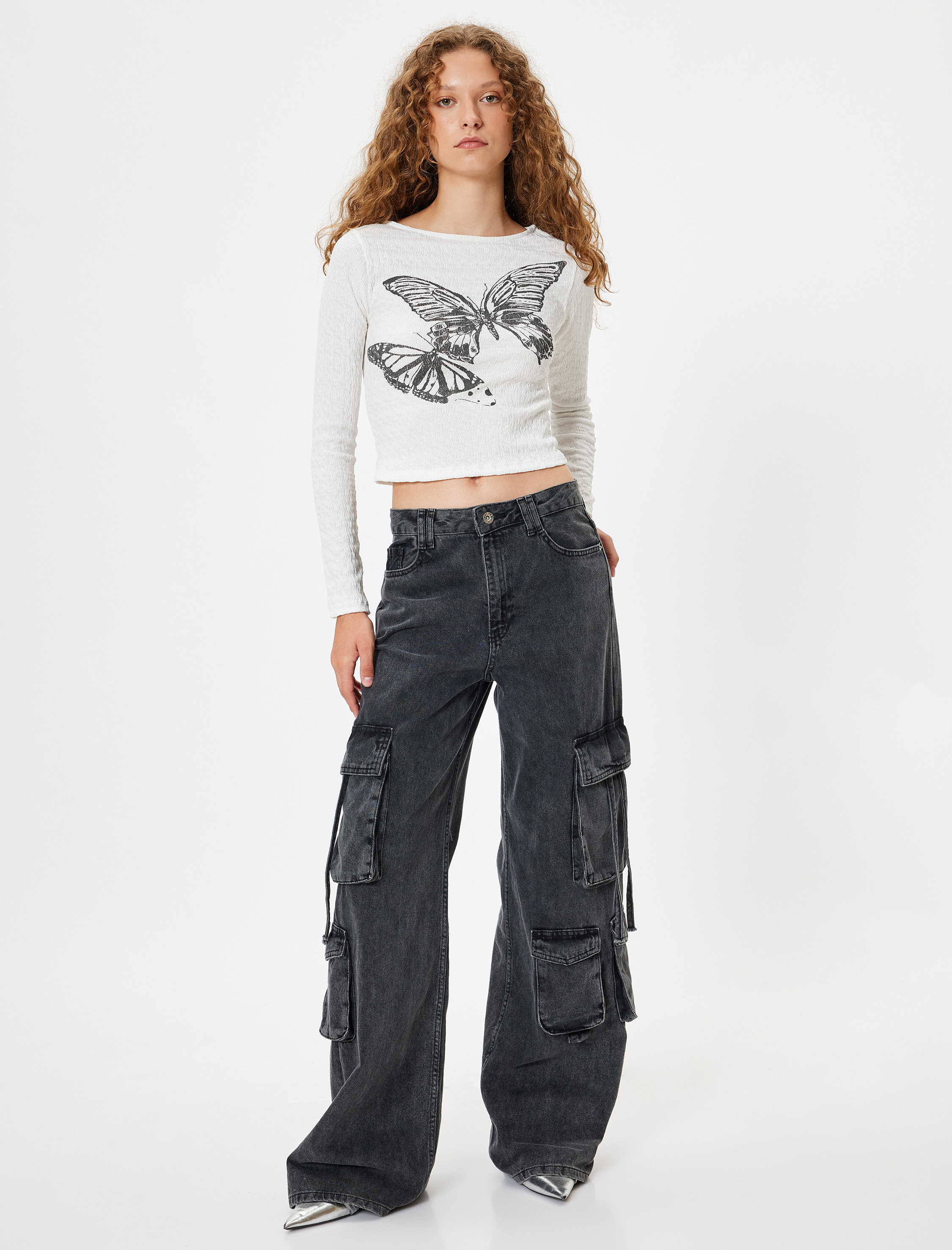   Uzun Kollu Kelebek Baskılı Bisiklet Yaka Slim Fit Tişört Bürümcük