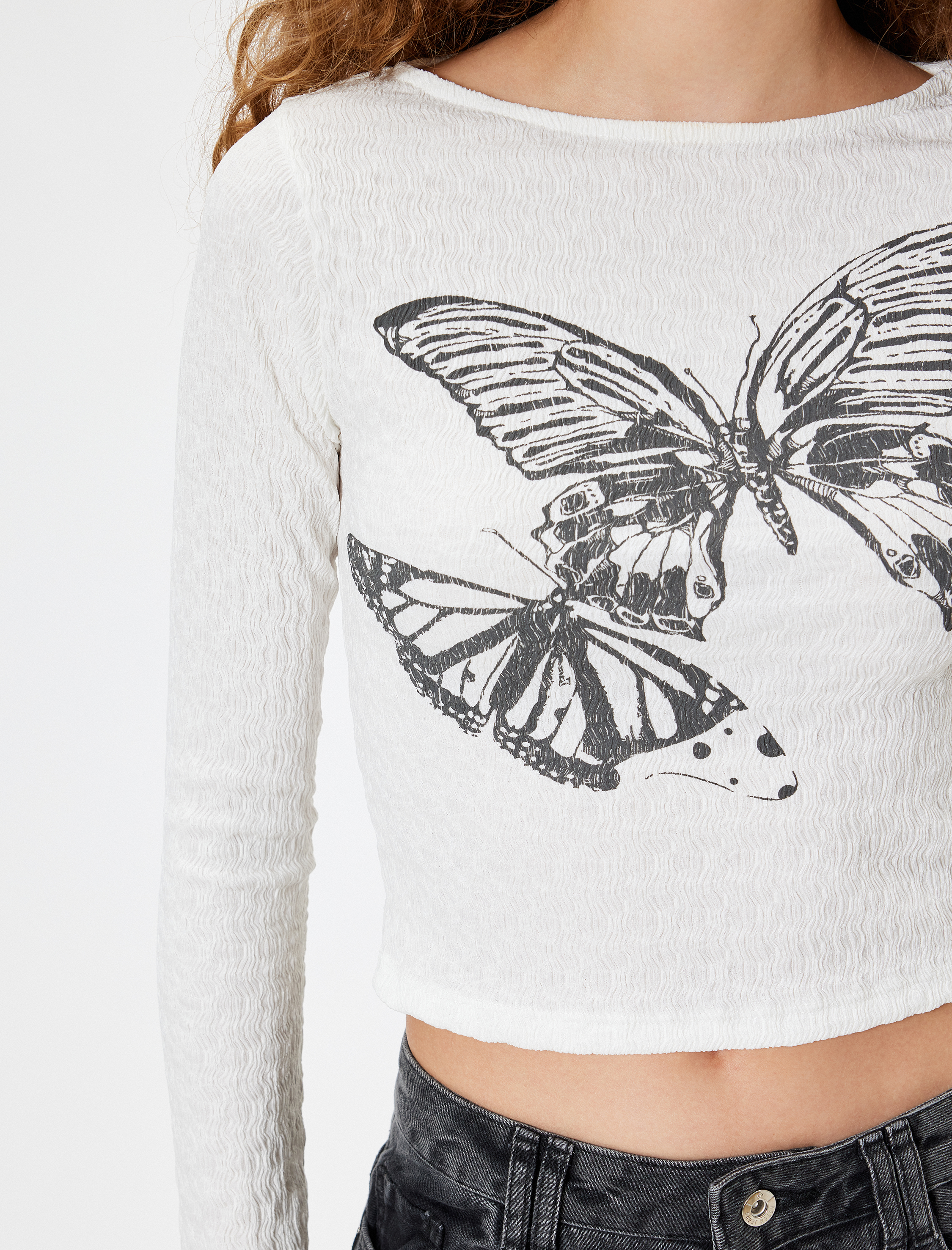   Uzun Kollu Kelebek Baskılı Bisiklet Yaka Slim Fit Tişört Bürümcük