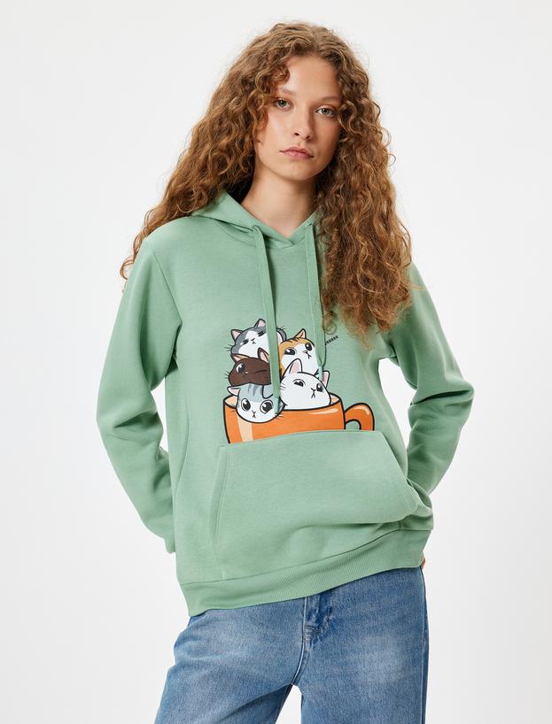 Oversize Kapüşonlu Sweatshirt Kedi Baskılı Kanguru Cepli Şardonlu_1