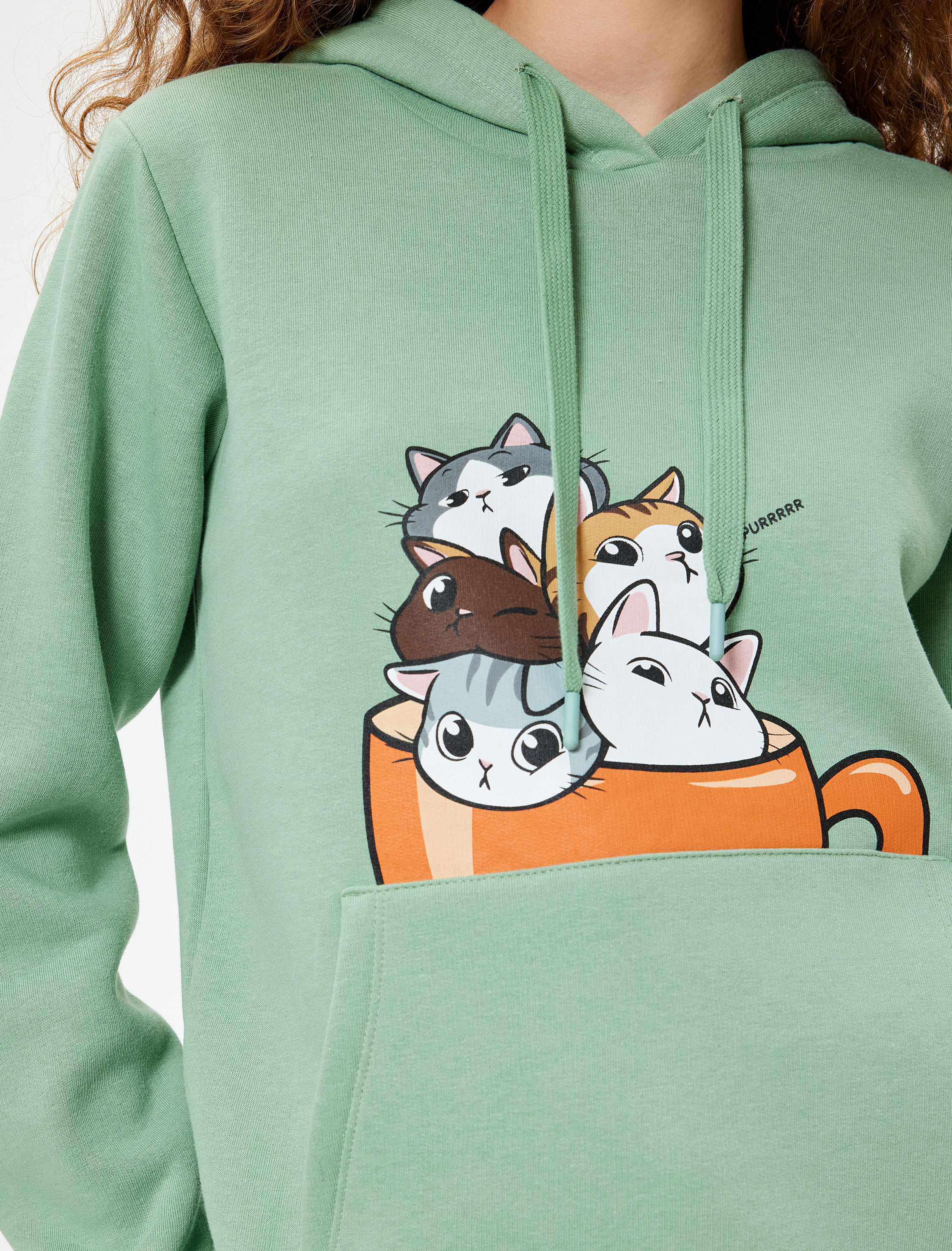   Kedi Baskılı Kapüşonlu Şardonlu Oversize Sweatshirt